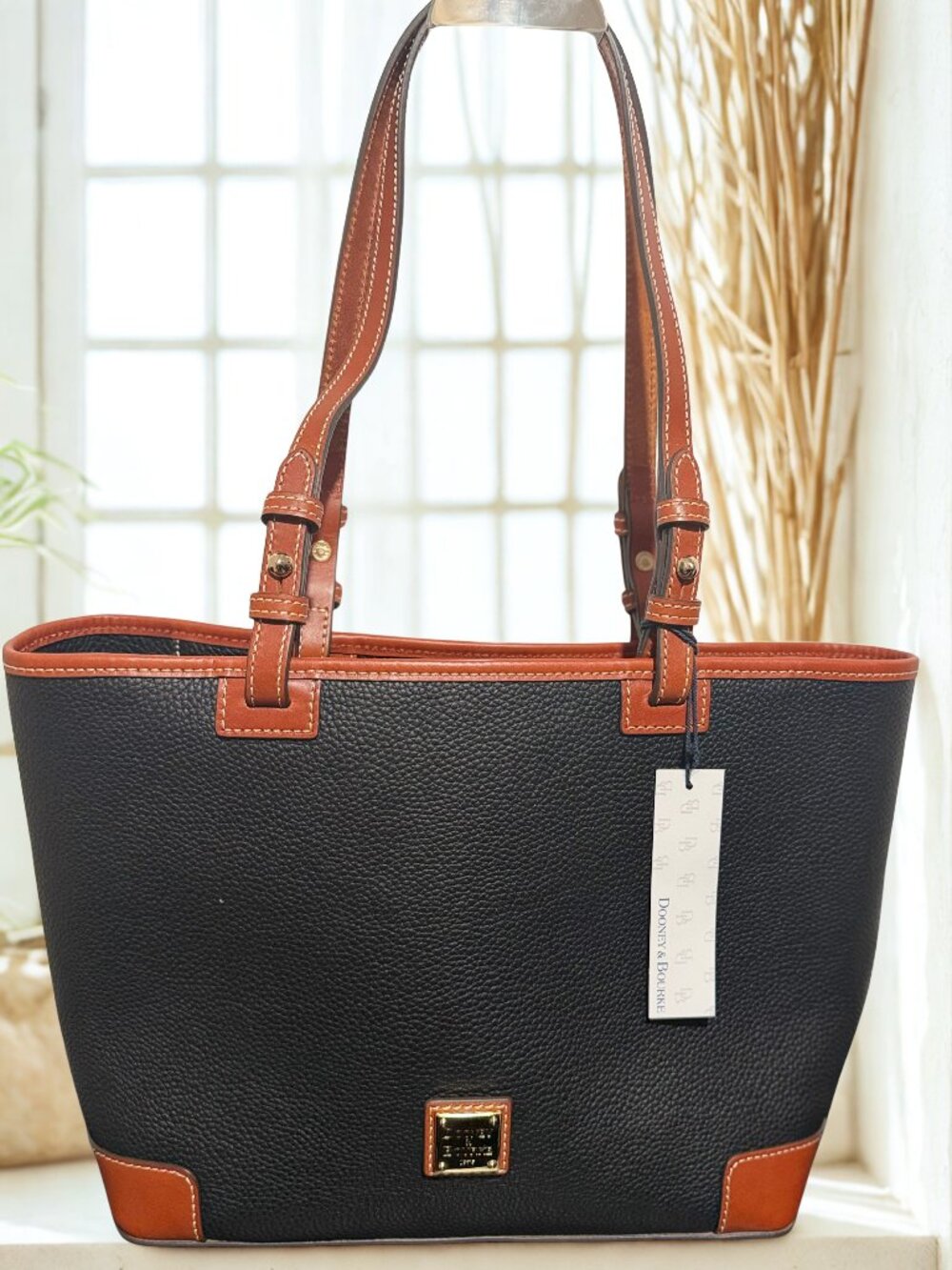 Dooney & Bourke Pebble Grain Tote Black/Tan NWT — Tags On Red Interior